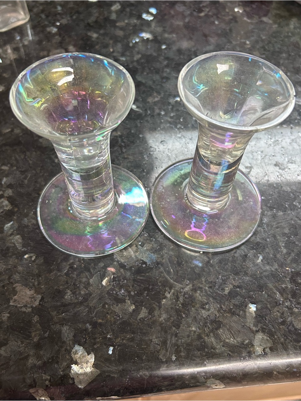 Iridescent Glass Candle Holders — Pair in Multicolor Sheen